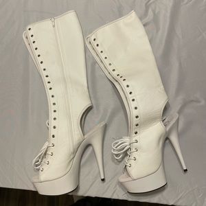 Pleaser White Lace-up Platform Knee Peep Toe Boot